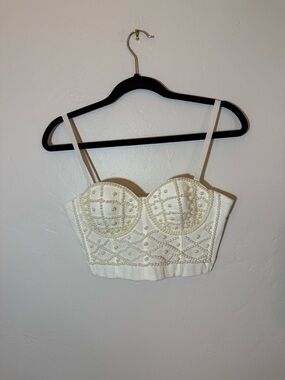 Pearl-Embellished Ivory Bustier Crop Top